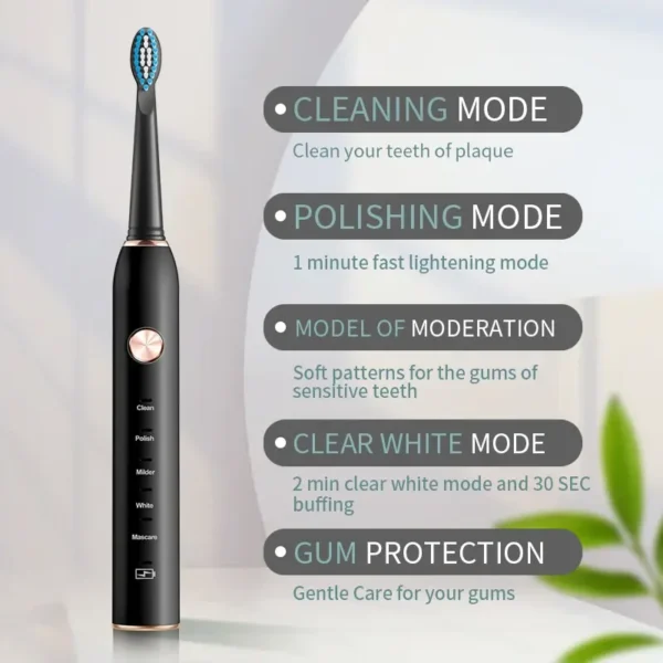 Jianpai Black and White Sonic Electric Toothbrush for Male and Female Lovers 5-mode USB Charging IPX7 Waterproof Sonic Electric - Image 2